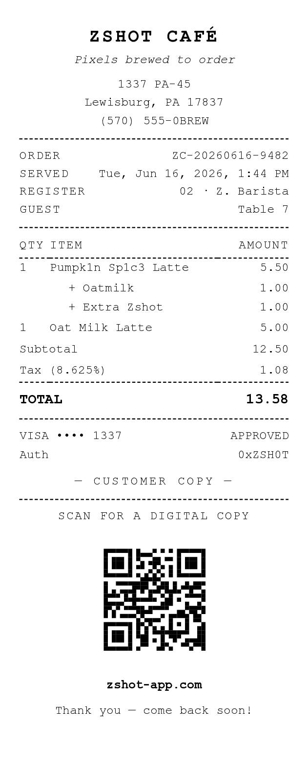 ZShot Café receipt