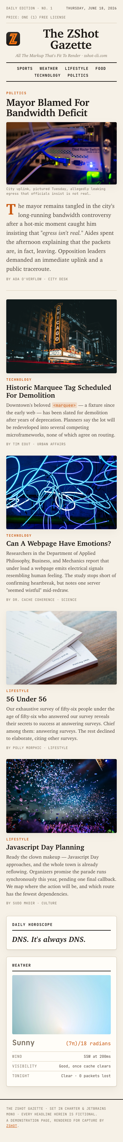The full ZShot Gazette front page captured at phone width