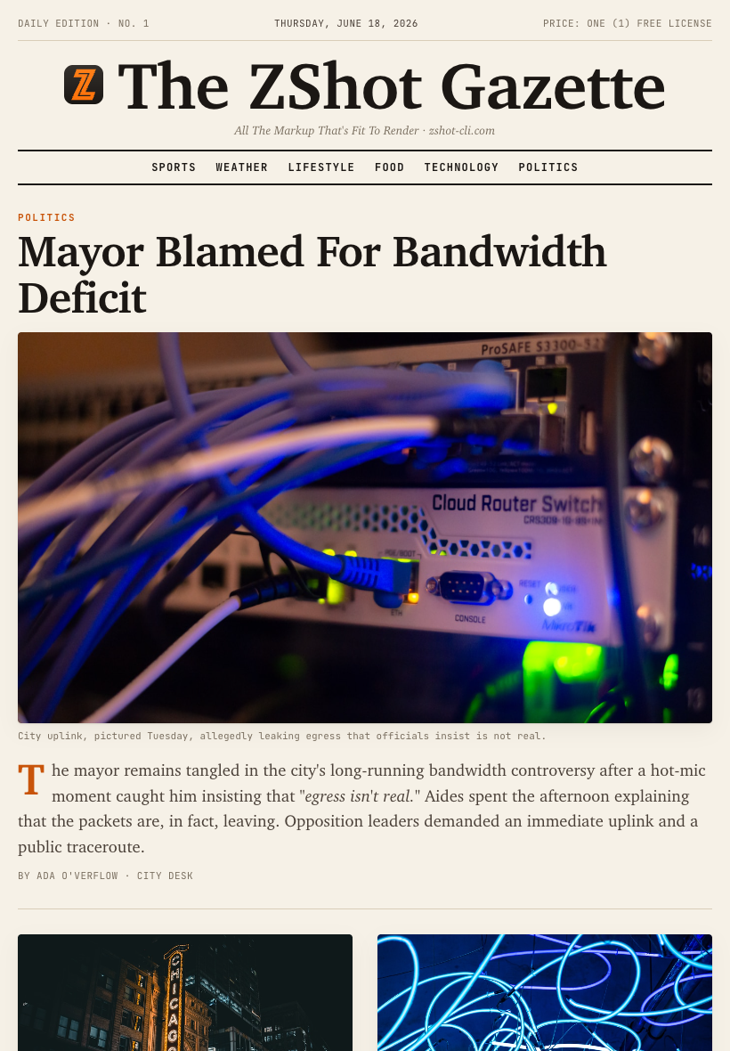 The ZShot Gazette at tablet width, showing the two-column story grid